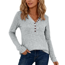 Womens Vintage Knit Tops Babydoll Pullover Button Down-Gray M