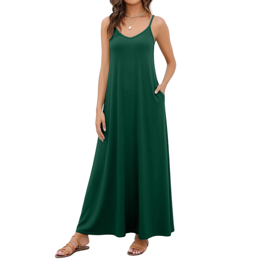 Women's Casual V-neck Sleeveless Flowy Long Beach Dress-Green L