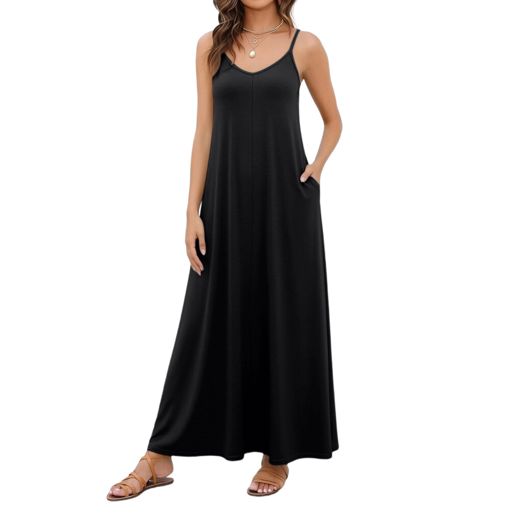 Black Women's Casual V-Neck Sleeveless Flowy Long Beach Dress- M