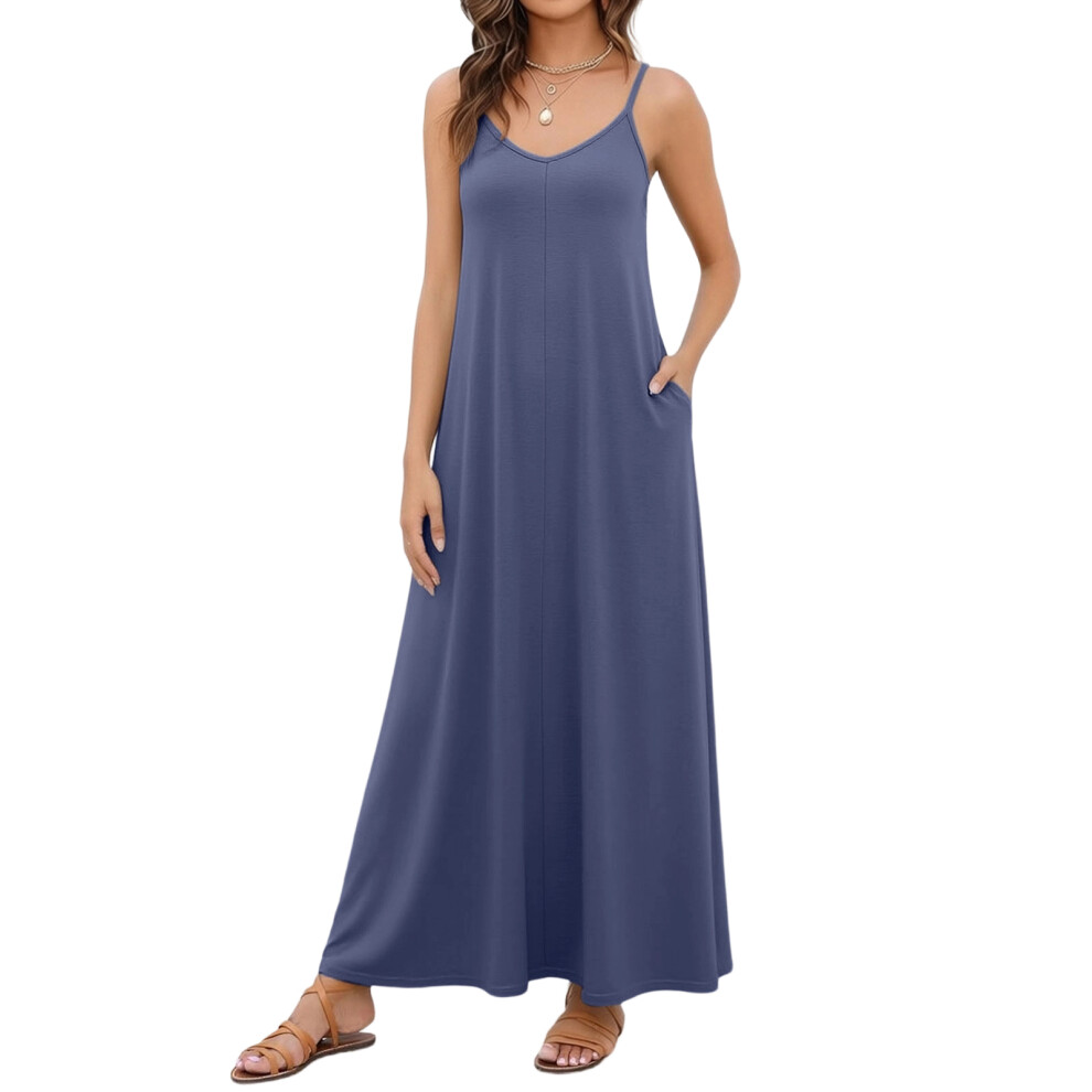 Gray Women's Casual V-Neck Sleeveless Flowy Long Beach Dress- Xl