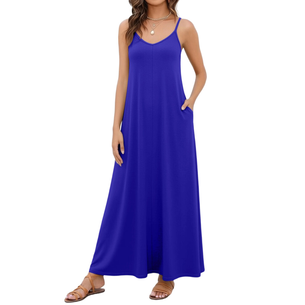 Blue Women's Casual V-Neck Sleeveless Flowy Long Beach Dress- Xl