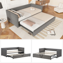 (3ft, Linen, Grey) Upholstered bed 90x190cm, can be joined into a double bed, daybed sofa bed, youth bed, for adults & teenagers