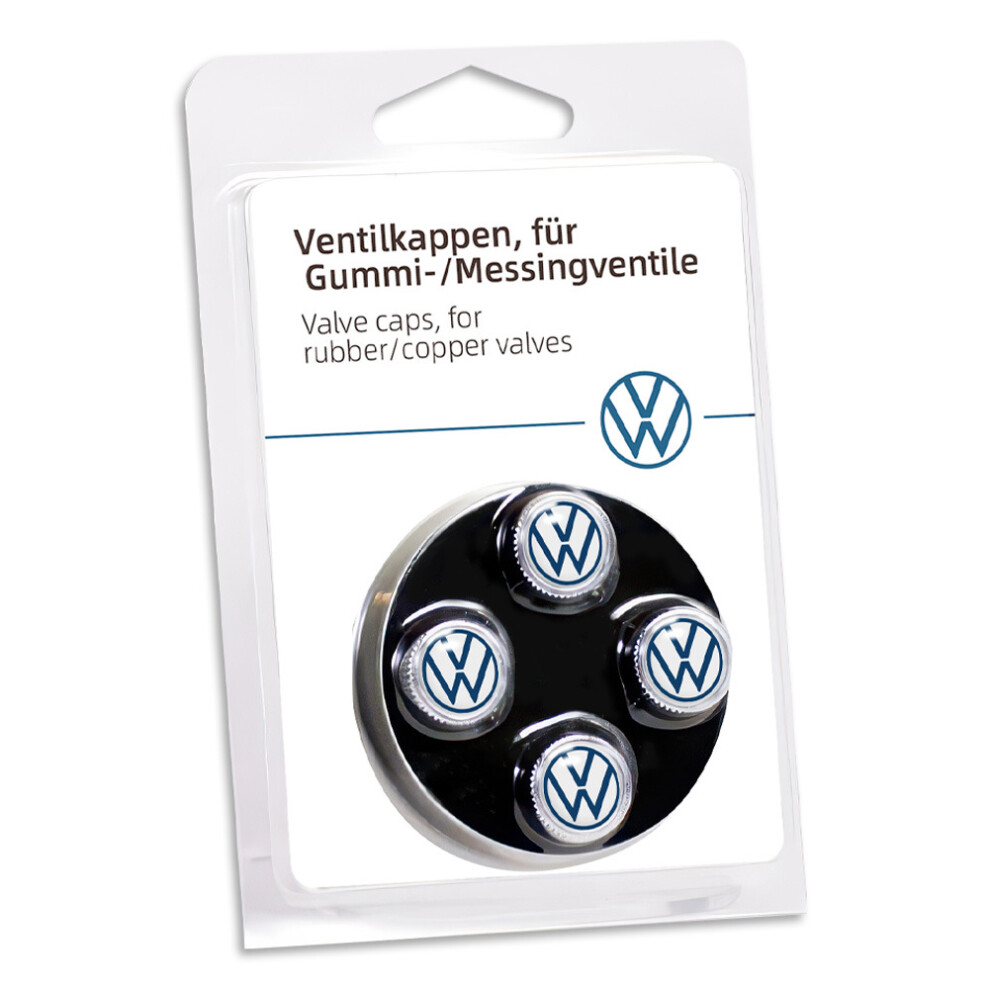 ( - Volkswagen Logo) 4Pcs Car Tyre Valve Caps Emblem Multi-Fit Car Tire Valve Stem Dust Covers Silver/Blue 4069369474286