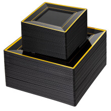100PCS Black and Gold Disposable Plates Set, HeavyDuty Fancy Plastic Dinner and Dessert Plates for Parties and Weddings