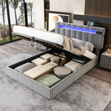 (4ft6, Velvet+Iron, Grey) Hydraulic bed, with Bluetooth stereo and USB port, 7colors LED-light strips and 12 dynamic modes