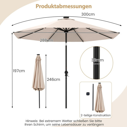 Patio Umbrella 300cm with Solar LED Lights, 9 Modes 1