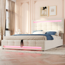 (4ft6, Velvet+Iron, Beige) Hydraulic bed, double bed 135x190cm, square embellishment, with 7colors LED-light strips