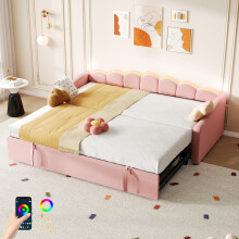 (Beige) 3ft Single Sofa Bed with Trundle LED Velvet, RGB LED Lighting,for Living Room/ Bedroom/ Study Room (No Mattress)