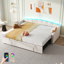 (Pink) 3ft Single Sofa Bed with Trundle LED Velvet, RGB LED Lighting,for Living Room/ Bedroom/ Study Room (No Mattress)