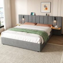 (Grey) King Velvet Bed Frame with Hydraulic Storage, Reading Light & Charging Station, 5ft(No Mattress)