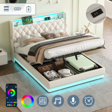 (150cm*200cm) Beige Double Linen Bed Frame with Hydraulic Storage, LED Lighting & Charging Station, 4ft6/5ft