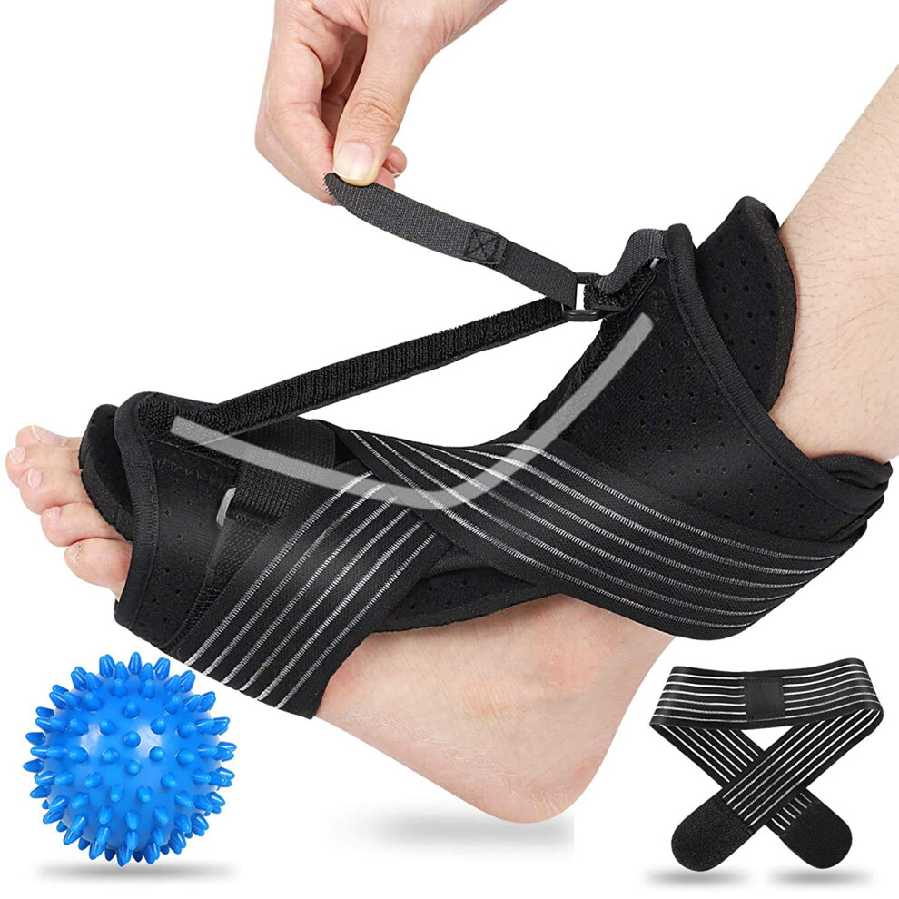 Black Adjustable Plantar Fasciitis Night Splint With Massage Ball And Arch Support For Heel Pain Relief