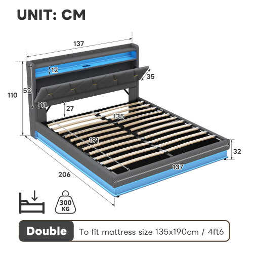 (150cm*200cm) Double Upholstered Ottoman Bed  Frame  with LED USB Storage, No Box Spring Needed(No Mattress) 1