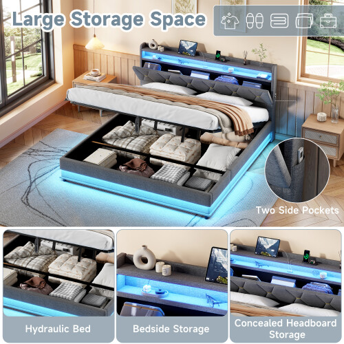 (150cm*200cm) Double Upholstered Ottoman Bed  Frame  with LED USB Storage, No Box Spring Needed(No Mattress) 2
