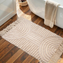 Boho Bathroom Rug 2x3 Cotton Bath Mat with Tassels Beige Woven Soft Washable Small Space Decor