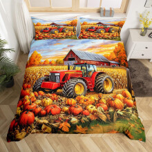 Farmhouse Duvet Cover Set Twin Size, Rustic Autumn Pumpkin Tractor Bedding for Kids Boys Girls, Fall Harvest Decor Quilt Cover 2Pcs