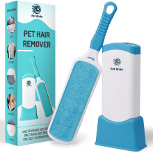 Reusable Pet Hair Remover with DualSided Brush and SelfCleaning Base for Clothes, Sofa, Carpet Blue