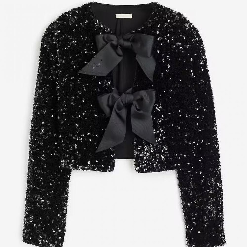 (XL, White) Black Bow Tie-front Sequin Jacket Cardigan Top Short Jacket 2