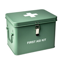 Vintage First Aid Storage Canister Metal Square Box Airtight Seal Green