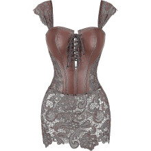 (*S, Brown fau* leather) Szivyshi Women's Overbust Sweetheart Lace Up Plastic Bones Corset Bustier Top