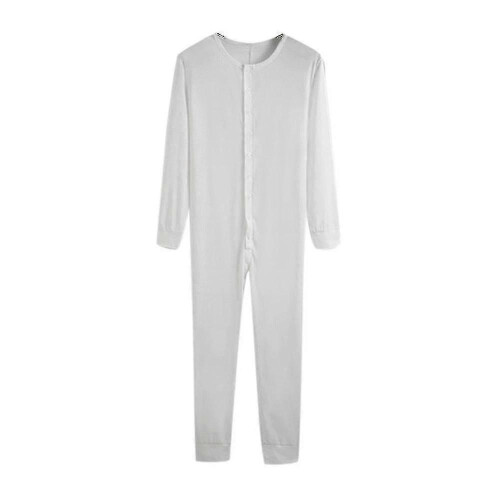 (M, White) Men's One Piece Long Johns Night Pajama 1