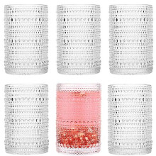 Hobnail Drinking Glasses Set of 6 - 13 oz Vintage Embossed Juice & Water Glassware for Kitchen and Bar-G
