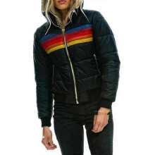 (L, Black) Womens Rainbow Zip-up Winter Down Casual Striped Hooded Puffer Coat