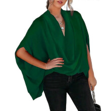 (Green) Female Vintage Fashion Batwing Sleeves Blouse Loose V-neck Elegant Shirts Tops For Women-In Stock