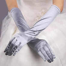 (Gray) Satin Long Gloves, Womens Opera Comfy Soft Silky Evening Party Prom Hand