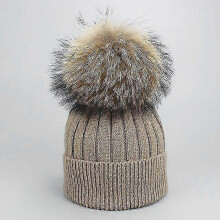 (Child, B) Girl Women Winter Wool Beanie Cap Real Raccoon Fur Pom Pom Parent-child Knitted Hat Core Yarn Warm Casual Skullies Beanies Bones-Good