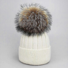 (Child, D) Girl Women Winter Wool Beanie Cap Real Raccoon Fur Pom Pom Parent-child Knitted Hat Core Yarn Warm Casual Skullies Beanies Bones-Good