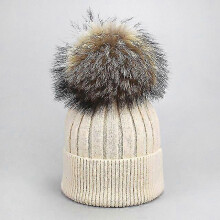 (Child, C) Girl Women Winter Wool Beanie Cap Real Raccoon Fur Pom Pom Parent-child Knitted Hat Core Yarn Warm Casual Skullies Beanies Bones-Good