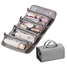 (Gray) Folding Leather Waterproof Cosmetic Bag, Roll Up Travel Makeup Bag with 4 Detachable Clear Compartment Large Capacity Cosmetic Bags for Women