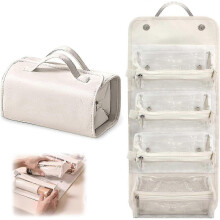 (White) Folding Leather Waterproof Cosmetic Bag, Roll Up Travel Makeup Bag with 4 Detachable Clear Compartment Large Capacity Cosmetic Bags for Women