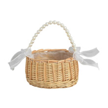 (L) Decorative Handwoven Flower Basket With Bowknot Detail And Pearls Multipurpose Storage Container Wedding Party Supply S