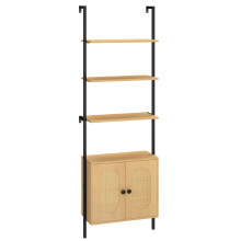 Wall-Mounted 3-Tier Bookshelf with Rattan Cabinet, 184 cm