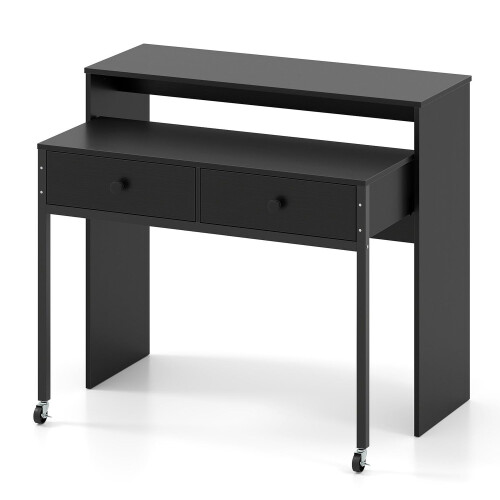 Bureau d'ordinateur extensible avec 2 tiroirs et roulettes, noir