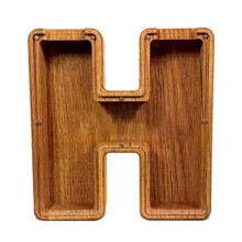 (H) Family Coin Savings Banks with Letter Design Wooden Money Jar Clear Window Piggy Banks for Home Decoration and Gifting