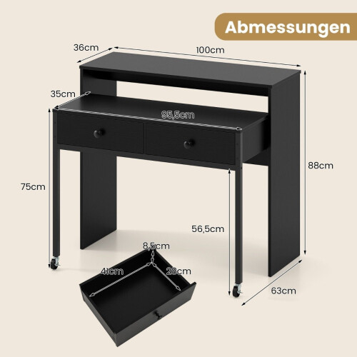 Bureau d'ordinateur extensible avec 2 tiroirs et roulettes, noir 1