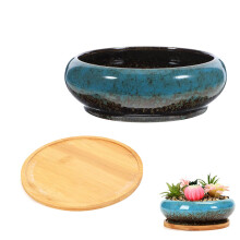 Sapphire Blue Ceramic Lotus Bowl Planter with Bamboo Stand for Indoor Outdoor Water Plants