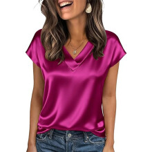 Summer Fashion Casual Short Sleeve Shirt V Neck-rose red S
