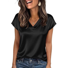 Women's Short Sleeve Pullover Blouses V Neck Short-Black M