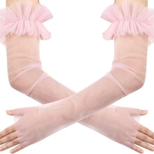 (Pink) Seethrough Arm Sleeves Sheer Gloves For Bride Wedding Gowns Formal Occasion Elbow Length Fingerless Gloves for Banquets White