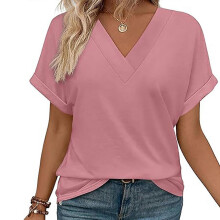 (XL, Pink) Summer V Neck Top for Women with Dolman Sleeves Fashionable Short Sleeve Casual Loose Fit T-Shirt Blouse for Daily Wear White XL