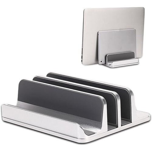Supporto verticale in alluminio argento per laptop, tablet e smartphone