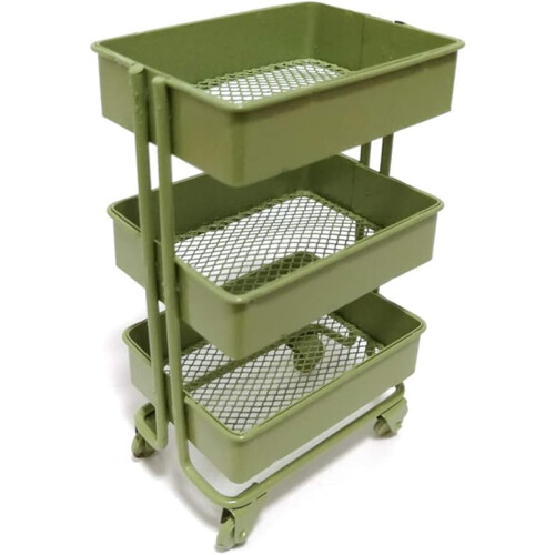 Mini Trolley Storage Rack with Wheels Dollhouse Shelf Display Green