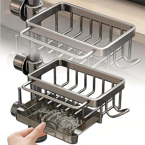 Kitchen Sink Faucet Organizer Adjustable Sponge Holder Caddy Grey