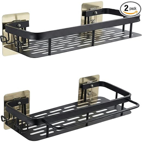 2er-Set selbstklebende Duschablagen mit Handtuchhalter, schwarz