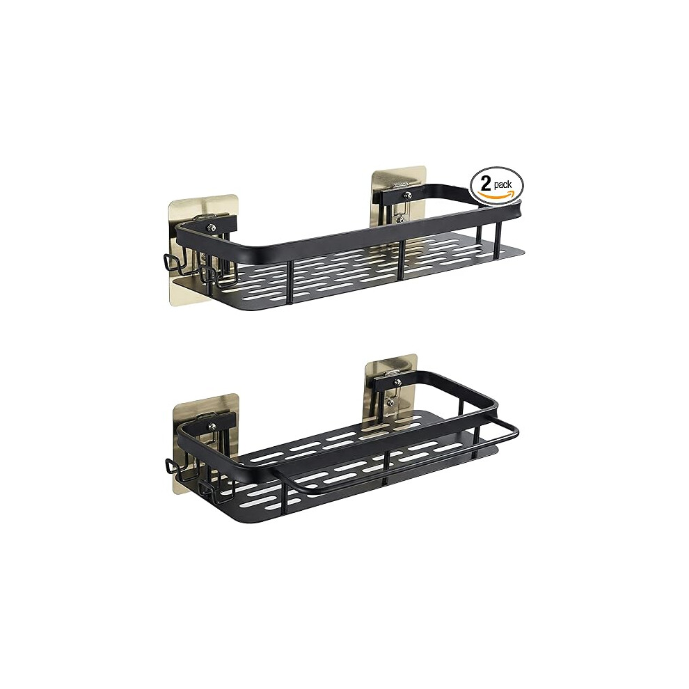 2Pcs Adhesive Shower Caddy Corner Shelf With Towel Bar Black 8583307385312