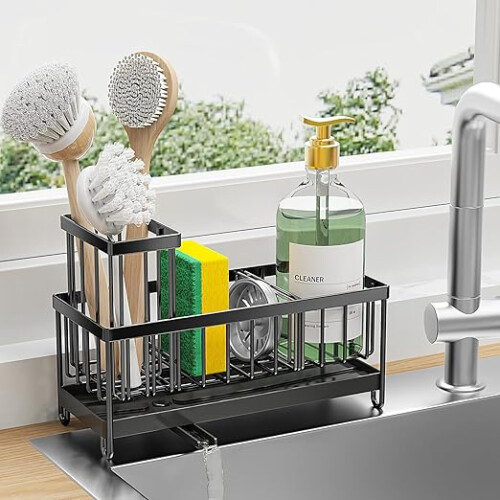 Stainless Steel Sink Caddy Organizer Sponge Holder Drain Rack Black 1